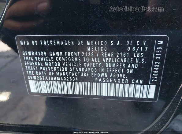 3VW2B7AJ9HM402804 2017 VOLKSWAGEN JETTA Black Շարժիչի բաժամունքի տեսք