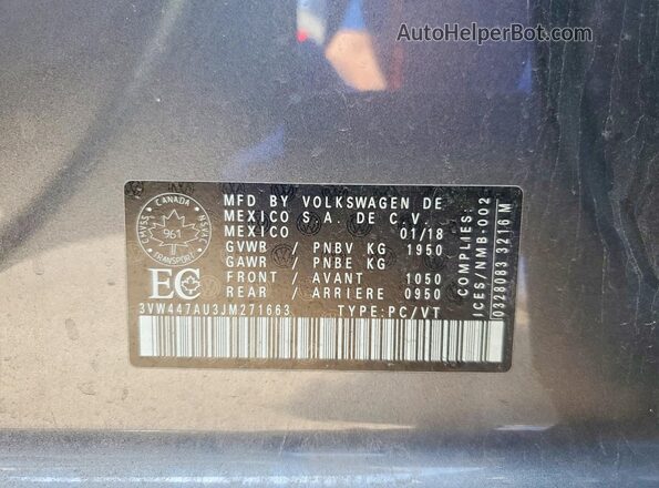 3VW447AU3JM271663 2018 VOLKSWAGEN GTI Gray VIN sticker view
