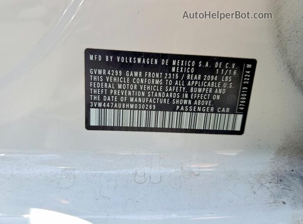 3VW447AU8HM030269 2017 VOLKSWAGEN GTI White VIN კოდის სტიკერის ხედი