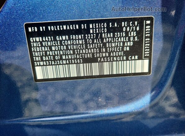 3VW637AJ3GM419563 2016 VOLKSWAGEN JETTA Синий Вид подкапотного пространства