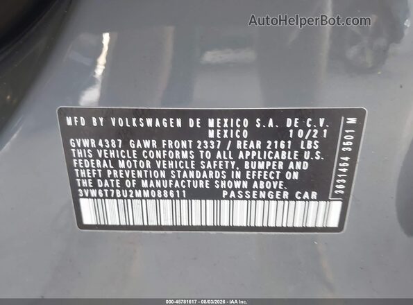 3VW6T7BU2MM088611 2021 VOLKSWAGEN JETTA Gray ძრავის განყოფილების ხედი