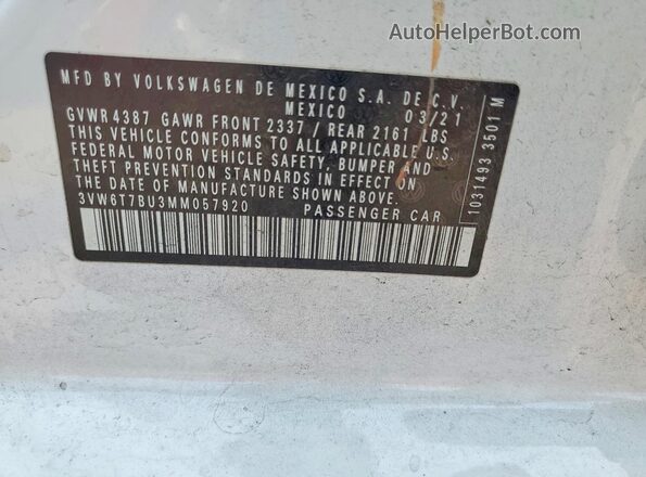 3VW6T7BU3MM057920 2021 VOLKSWAGEN JETTA White VIN კოდის სტიკერის ხედი