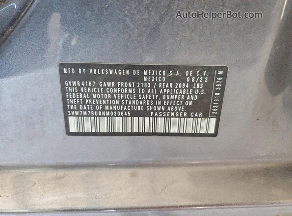 3VW7M7BU0NM030645 2022 VOLKSWAGEN JETTA Gray Widok naklejki z numerem VIN