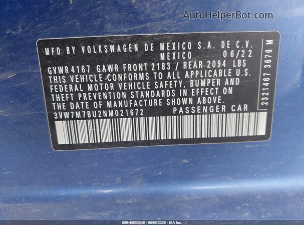 3VW7M7BU2NM021672 2022 VOLKSWAGEN JETTA Blue Widok komory silnika