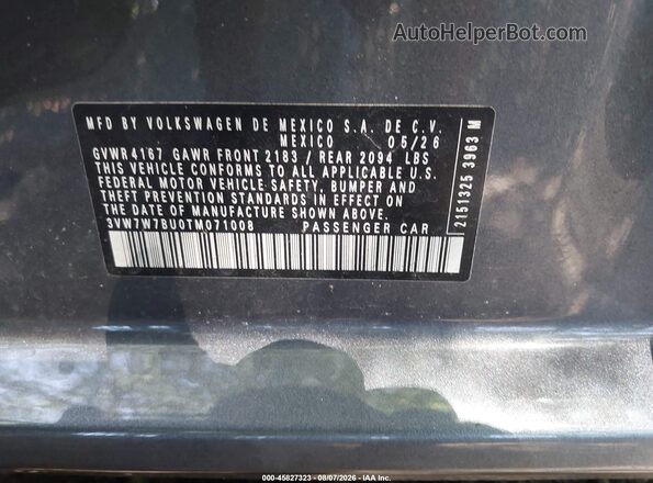 3VW7W7BU0TM071008 2026 VOLKSWAGEN JETTA Gray ძრავის განყოფილების ხედი