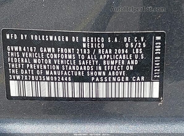 3VW7X7BU3SM092446 2025 VOLKSWAGEN JETTA Gray Widok komory silnika