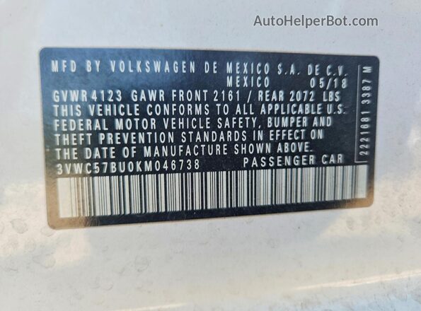 3VWC57BU0KM046738 2019 VOLKSWAGEN JETTA White Շարժիչի բաժամունքի տեսք