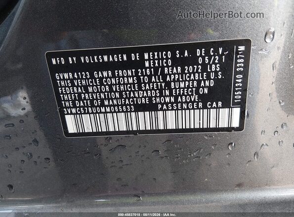 3VWC57BU0MM065633 2021 VOLKSWAGEN JETTA Gray ძრავის განყოფილების ხედი