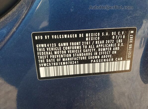 3VWC57BU1KM070241 2019 VOLKSWAGEN JETTA Blue Widok komory silnika