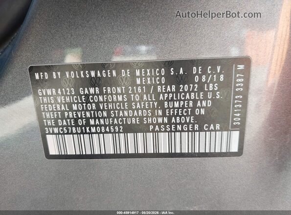 3VWC57BU1KM084592 2019 VOLKSWAGEN JETTA Серый Вид подкапотного пространства