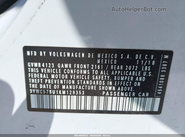 3VWC57BU1KM129353 2019 VOLKSWAGEN JETTA White Widok komory silnika