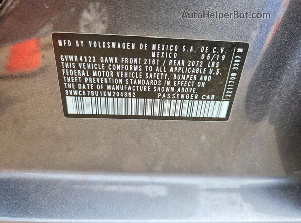 3VWC57BU1KM204892 2019 VOLKSWAGEN JETTA Gray Вид підкапотного простору