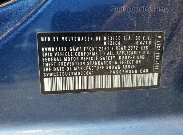 3VWC57BU2KM030041 2019 VOLKSWAGEN JETTA Blue ძრავის განყოფილების ხედი