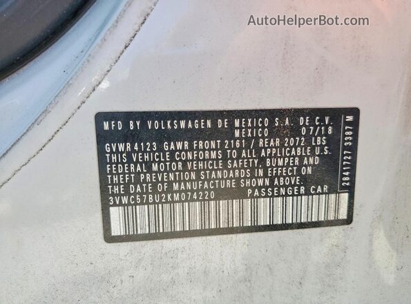3VWC57BU2KM074220 2019 VOLKSWAGEN JETTA Silver VIN კოდის სტიკერის ხედი