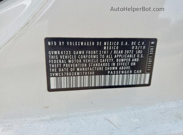 3VWC57BU2KM170140 2019 VOLKSWAGEN JETTA White Вид наклейки з VIN-кодом