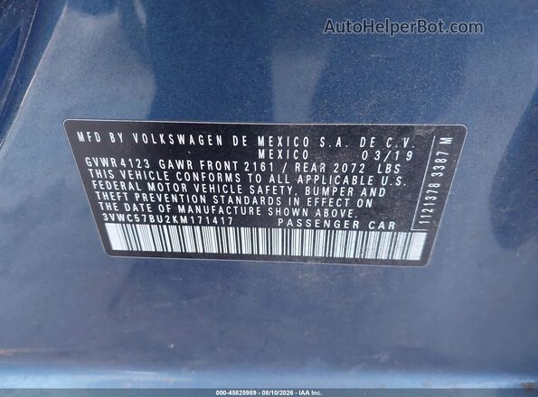 3VWC57BU2KM171417 2019 VOLKSWAGEN JETTA Blue Engine compartment view
