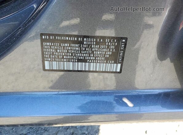 3VWC57BU2KM212029 2019 VOLKSWAGEN JETTA Серый Вид наклейки с VIN-кодом