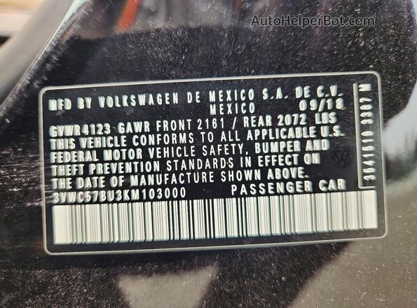 3VWC57BU3KM103000 2019 VOLKSWAGEN JETTA Black ძრავის განყოფილების ხედი
