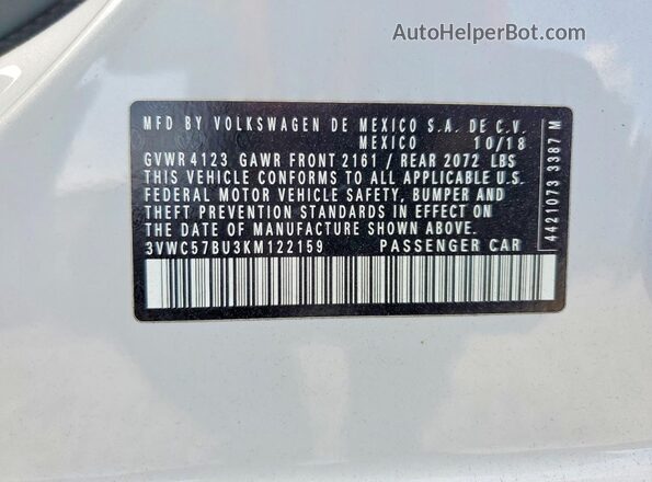 3VWC57BU3KM122159 2019 VOLKSWAGEN JETTA Белый Вид подкапотного пространства
