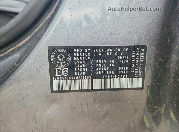 3VWC57BU3KM206563 2019 VOLKSWAGEN JETTA Gray Vista del compartimento del motor