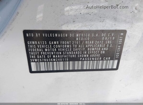 3VWC57BU3KM240115 2019 VOLKSWAGEN JETTA White ძრავის განყოფილების ხედი