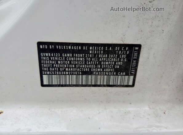 3VWC57BU3KM273616 2019 VOLKSWAGEN JETTA Белый Вид подкапотного пространства