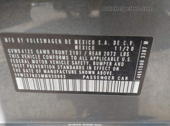 3VWC57BU3MM020962 2021 VOLKSWAGEN JETTA Gray Vista del compartimento del motor