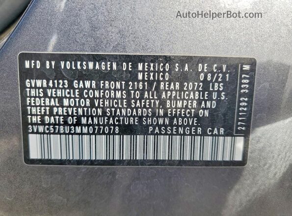 3VWC57BU3MM077078 2021 VOLKSWAGEN JETTA Gray Widok naklejki z numerem VIN