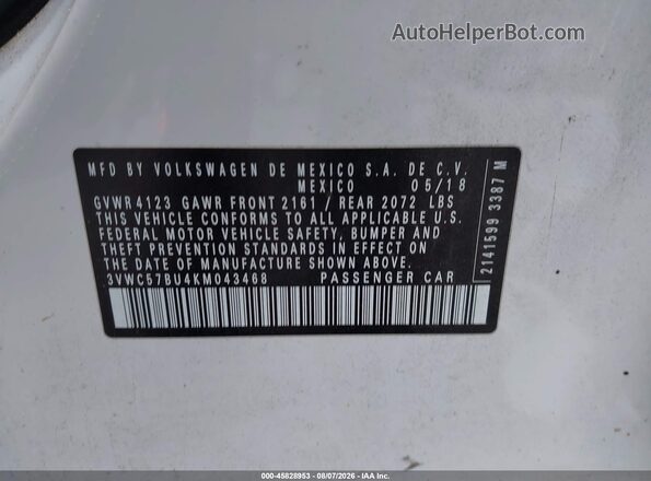 3VWC57BU4KM043468 2019 VOLKSWAGEN JETTA White Vista del compartimento del motor