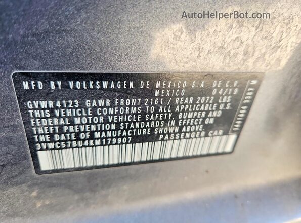 3VWC57BU4KM179907 2019 VOLKSWAGEN JETTA Gray Вид наклейки з VIN-кодом
