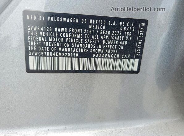 3VWC57BU4KM220150 2019 VOLKSWAGEN JETTA Silver ძრავის განყოფილების ხედი
