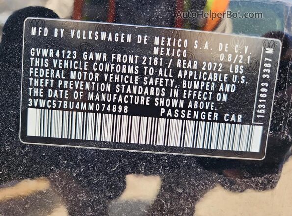 3VWC57BU4MM074898 2021 VOLKSWAGEN JETTA Black Vista de la etiqueta del VIN