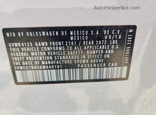 3VWC57BU5KM040191 2019 VOLKSWAGEN JETTA Белый Вид подкапотного пространства