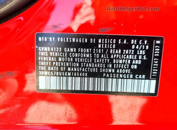 3VWC57BU5KM185408 2019 VOLKSWAGEN JETTA Красный Вид подкапотного пространства