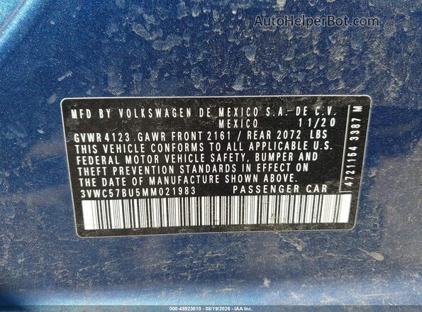 3VWC57BU5MM021983 2021 VOLKSWAGEN JETTA Blue Շարժիչի բաժամունքի տեսք