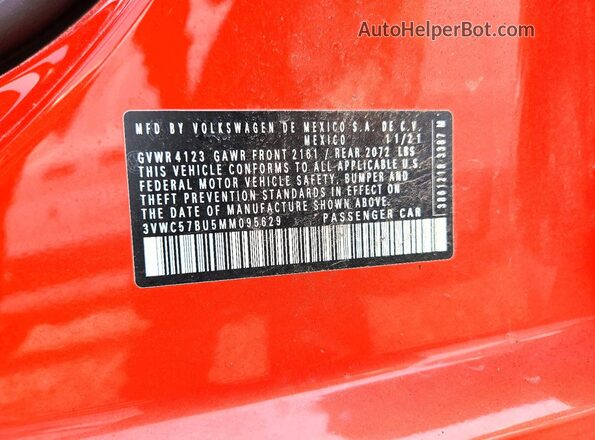 3VWC57BU5MM095629 2021 VOLKSWAGEN JETTA Orange Vista de la etiqueta del VIN