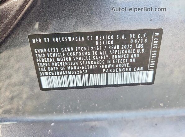 3VWC57BU6KM022038 2019 VOLKSWAGEN JETTA Gray Widok komory silnika