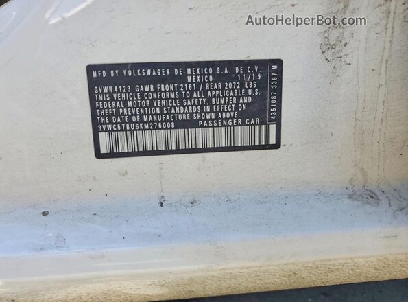 3VWC57BU6KM276008 2019 VOLKSWAGEN JETTA White Вид підкапотного простору