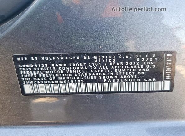 3VWC57BU6MM049193 2021 VOLKSWAGEN JETTA Charcoal Widok naklejki z numerem VIN