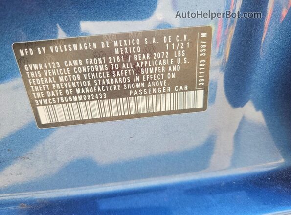 3VWC57BU6MM092433 2021 VOLKSWAGEN JETTA Blue Вид підкапотного простору