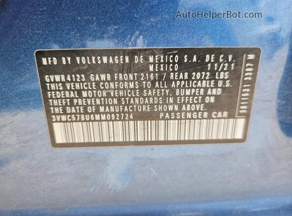 3VWC57BU6MM092724 2021 VOLKSWAGEN JETTA Blue Widok naklejki z numerem VIN