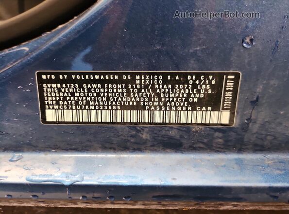 3VWC57BU7KM023585 2019 VOLKSWAGEN JETTA Синий Вид наклейки с VIN-кодом