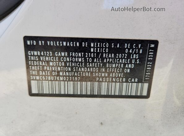 3VWC57BU7KM027197 2019 VOLKSWAGEN JETTA Белый Вид подкапотного пространства