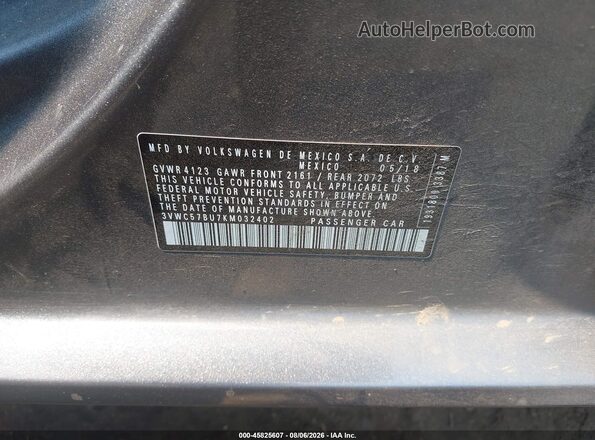 3VWC57BU7KM032402 2019 VOLKSWAGEN JETTA Gray Вид підкапотного простору