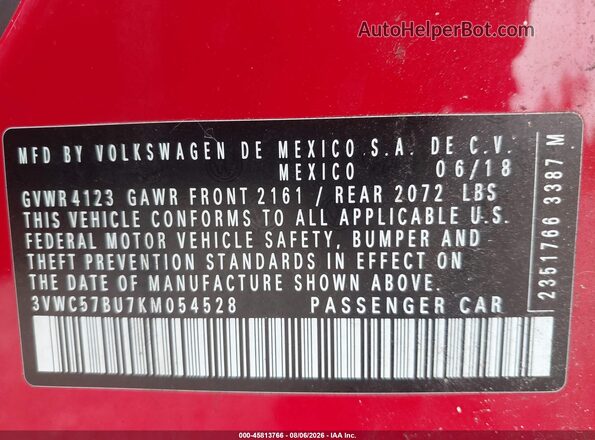 3VWC57BU7KM054528 2019 VOLKSWAGEN JETTA Red Vista del compartimento del motor