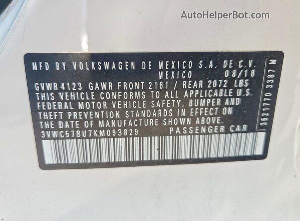 3VWC57BU7KM093829 2019 VOLKSWAGEN JETTA Белый Вид подкапотного пространства