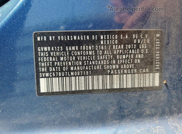 3VWC57BU7LM087191 2020 VOLKSWAGEN JETTA Синий Вид подкапотного пространства