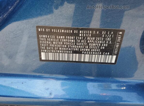 3VWC57BU7MM038848 2021 VOLKSWAGEN JETTA Blue Widok naklejki z numerem VIN