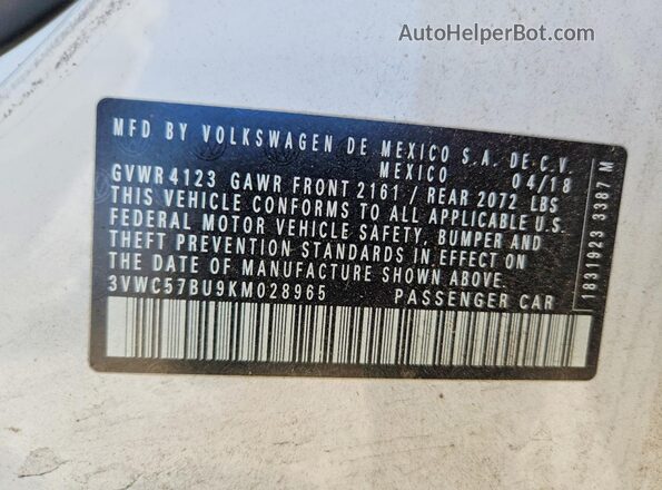 3VWC57BU9KM028965 2019 VOLKSWAGEN JETTA White Вид підкапотного простору