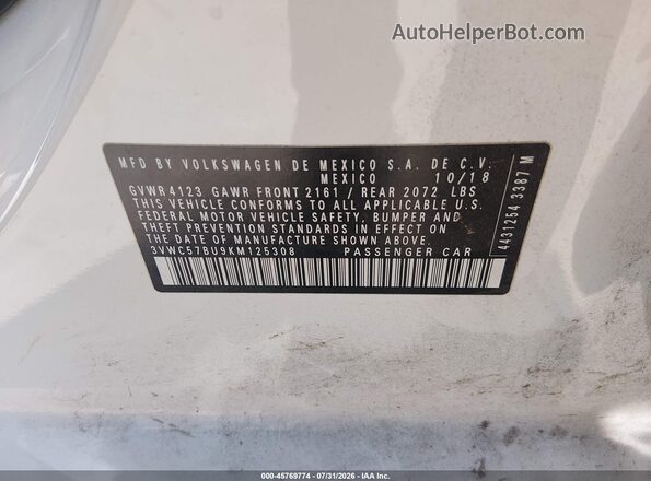 3VWC57BU9KM125308 2019 VOLKSWAGEN JETTA White Engine compartment view